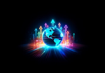 Illuminated globe encircled by vibrant neon arrows rising on a black background. Futuristic, bright, and colorful concept.