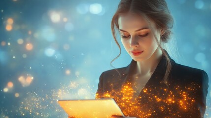 Attractive businesswoman using tablet with creative glowing digital business interface on blurry blue background. Finance, innovation, trade and growth concept
