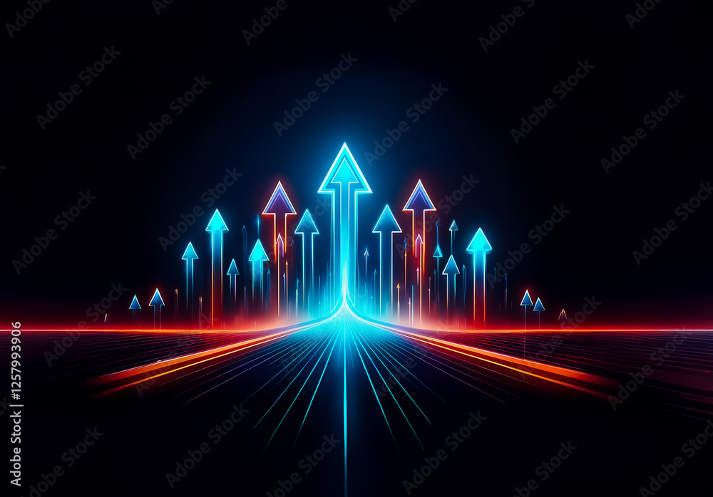 Poster bright blue and red arrows ascend from a central vanishing point, symbolizing forward motion and gro