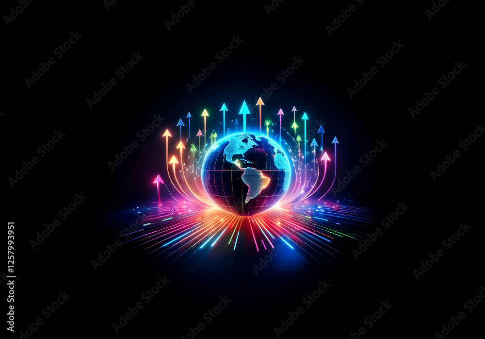 Aufkleber vibrant globe emitting colorful streaks and arrows pointing upwards against a dark backdrop, symboli