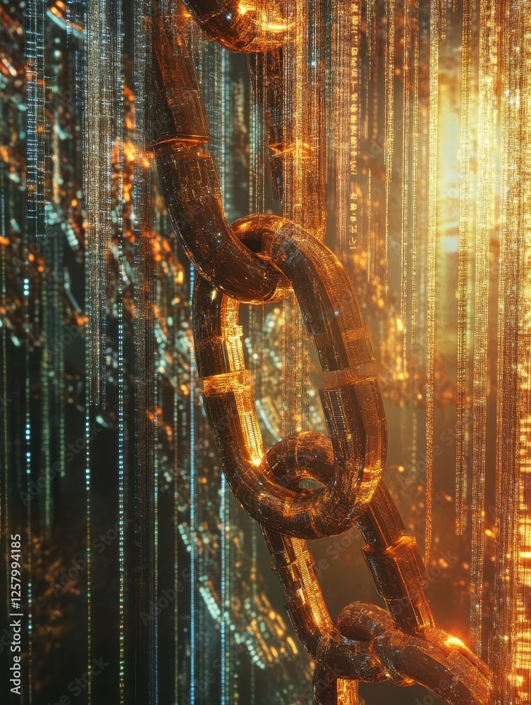 Poster a conceptual image of a blockchain security chain with encoded links over a backdrop of streaming di