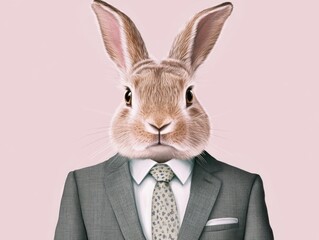 Close-up of an anthropomorphic rabbit in a modern suit, showcasing approachability and professionalism for customer service and client relations. Detailed view of suit and rabbit.