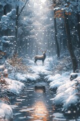 a lone stag standing gracefully in a forest blanketed with snow, with the soft winter light creating a serene atmosphere,