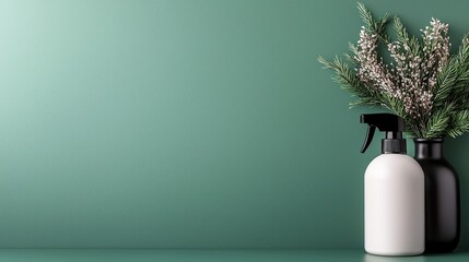 Fototapeta premium Modern spray bottles with greenery on a muted green wall