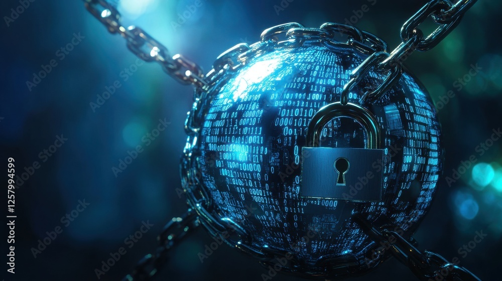 Poster digital security concept with a globe made of binary code wrapped in chains and a padlock, symbolizi