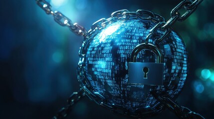 Digital security concept with a globe made of binary code wrapped in chains and a padlock, symbolizing data protection and cyber defense.