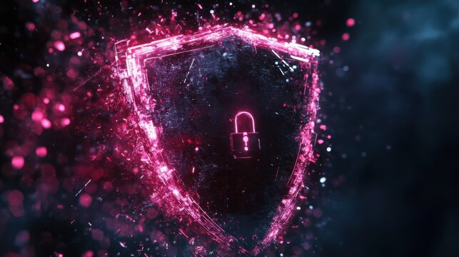 Digital security shield with lock, glowing particles on dark background.