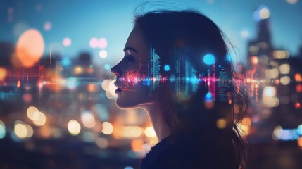 Creative digital wave with interface on blurry night city background. Technology, future and protection concept. Double exposure