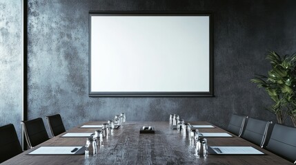 Minimalist business meeting setup with a sleek presentation screen.