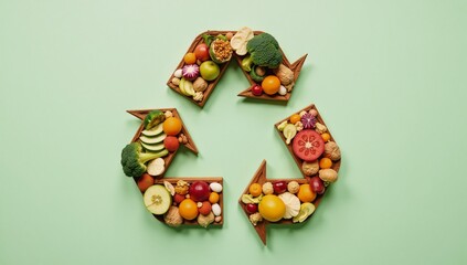 High-resolution photo showcases an artistic representation of a recycling symbol made entirely from colorful food waste