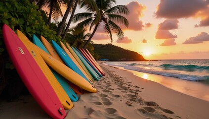 Beach scene with surfboards in sunny Barbados Caribbean
