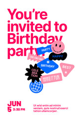 Birthday party invitation layout template. Design with colorful eye catching typography for your flyer, poster, cover, banner or brochure.