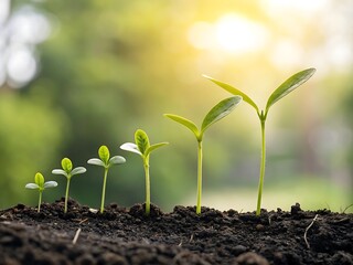 Seedling Growth Stages:  A vibrant sequence showcasing the stages of plant growth, from tiny sprout to thriving young seedling, representing growth, development, and the passage of time. 