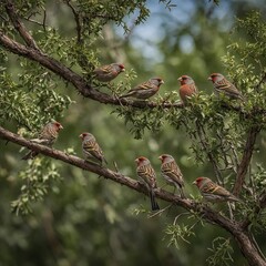 A group of finches hopping from branch to branch.