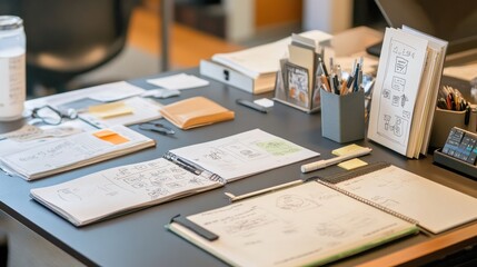 Obraz premium Office desk with collaborative brainstorming sketches, sticky notes, and open notebooks.