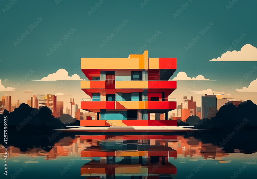Leinwandbilder vibrant block building with colorful geometric shapes reflecting in water. a cityscape and cloudy sk