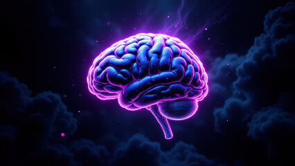 Fototapeta premium A vivid representation of artificial intelligence with a glowing purple-blue human brain at its center against a starry sky.