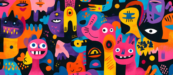 Vibrant Colorful Abstract Monster Collage Featuring Groovy Shapes and Funky Faces