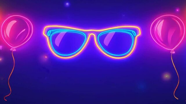 neon party goggles & balloons in 80s / 90s style isolated over violet background