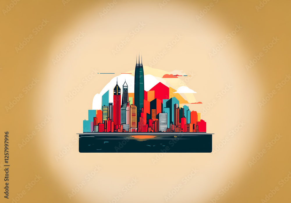 Aufkleber a vibrant cityscape illustration features a skyline with colorful buildings against a soft beige bac