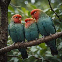 A pair of lovebirds cuddling on a tree branch.