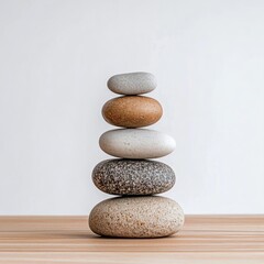 Meditation stones stacked in perfect balance on a wooden surface isolated on white background symbol of harmony and peace 