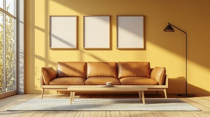 Sunny living room, leather sofa, frames, coffee table