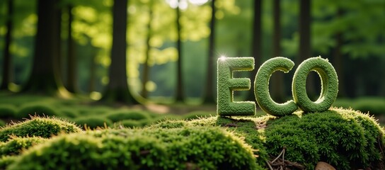 Circular Economy Business Growth Eco-friendly text on a mossy green forest background Concept Sustainable Development