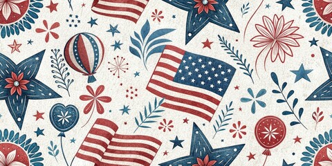 Obraz premium Vintage Memorial Day Red White Blue Hand Drawn Pattern - Patriotic American Holiday Background
