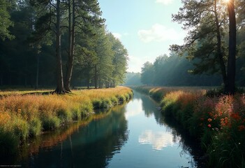 Tranquil River Flowing Through Forest with Sunlight and Autumn Grass