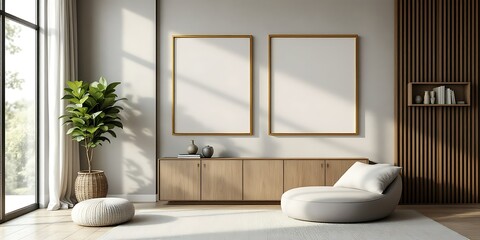 Modern living room, sunlight, minimalist design, wooden accents, relaxation