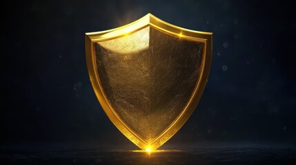 A shining gold shield symbolizing protection and security against threats on a dark background.