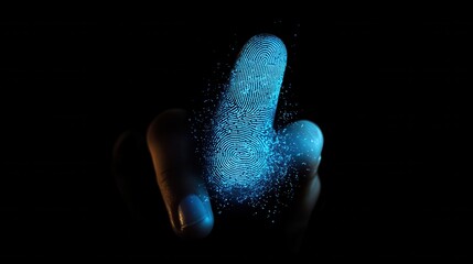 Businessman finger on creative blue finger print button with connections on black background. ID and password concept. Multiexposure.