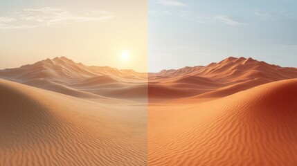 Serene desert landscape at sunrise with gentle sand dunes and soft shadows under a clear sky
