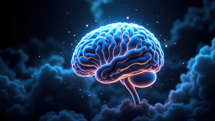Fototapeta premium An artistic representation of an AI-enhanced human brain set against a cosmic background with clouds.
