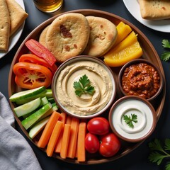 Colorful Mediterranean-inspired Vegan Mezze Platter featuring assorted dips pita  fresh veggies - ideal for vibrant event catering Copyspace