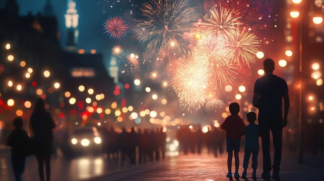 City fireworks. People celebrate on street and watching fireworks. Happy men women child, night pyrotechnic show in downtown