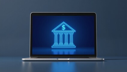 A glowing blue digital bank icon on a blue backdrop conveys online banking  transactions through a clean render design