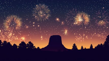 beautiful display of fireworks with Devils Tower national monument silhouetted in the background