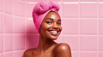 Happy young african american woman wearing a pink towel on her head, smiling brightly in a bathroom adorned with pink tiles, enjoying her beauty routine after a refreshing shower or bath