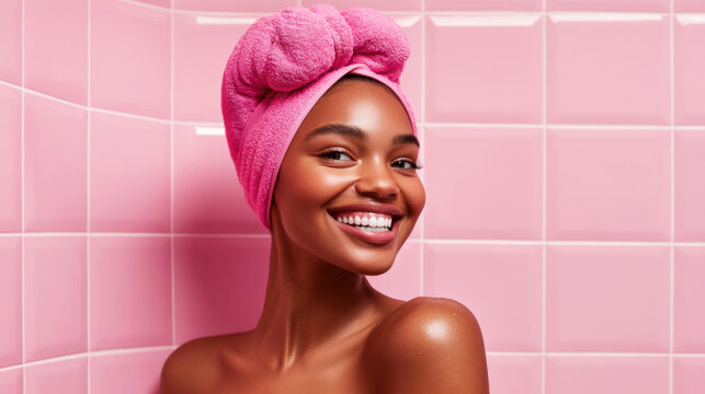 Happy young african american woman wearing a pink towel on her head, smiling brightly in a bathroom adorned with pink tiles, enjoying her beauty routine after a refreshing shower or bath