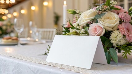 Paper Table Card Horizontal. Wedding Table Setting with Flowers.	

