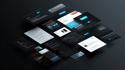 Website design elements, dark theme, floating, tech background, for marketing