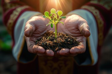 Christian Priest’s Hands Cradling a Sprout – Symbol of Faith and Earth Stewardship