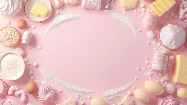 Pastel baking ingredients frame, pink background.  Perfect for recipe blogs, culinary websites