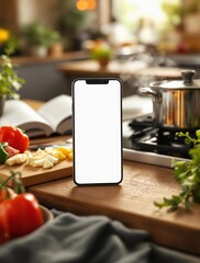 Smartphone mockup blank screen in cozy kitchen