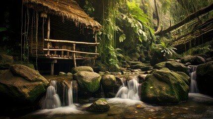Fototapeta premium waterfall bamboo hut