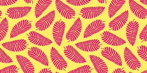 Seamless vector pattern with pink palm branches on yellow background. Tropical ornament