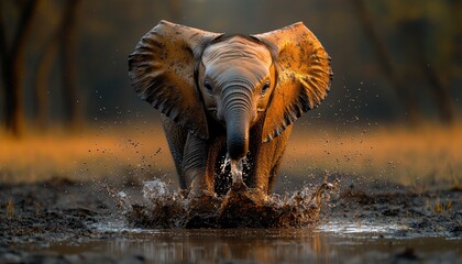 Fototapeta premium Young African Elephant Playing in Mud Splashing Water