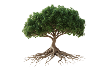 Lone fig tree with sprawling roots stretching isolated on white or transparent, PNG